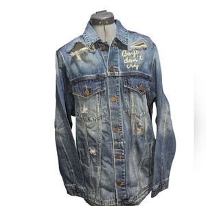 Free People Sandrine Rose‎ Boys don't cry glitter distressed Jean jacket 🆕